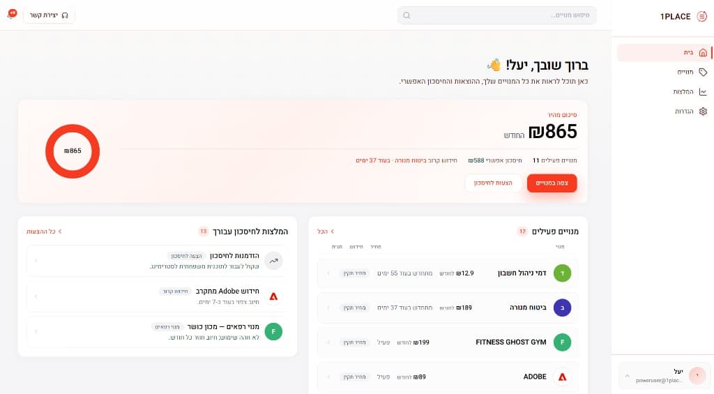 דשבורד 1PLACE — מנויים, סיכום והמלצות לחיסכון